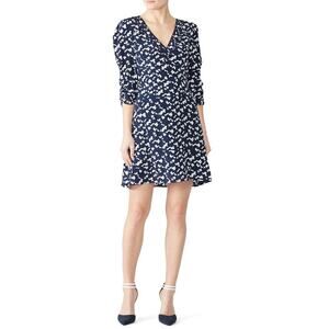 Tanya Taylor Dylan Dress 3/4 Sleeve V-Neck A-Line Mini 100% Silk Navy & White 6
